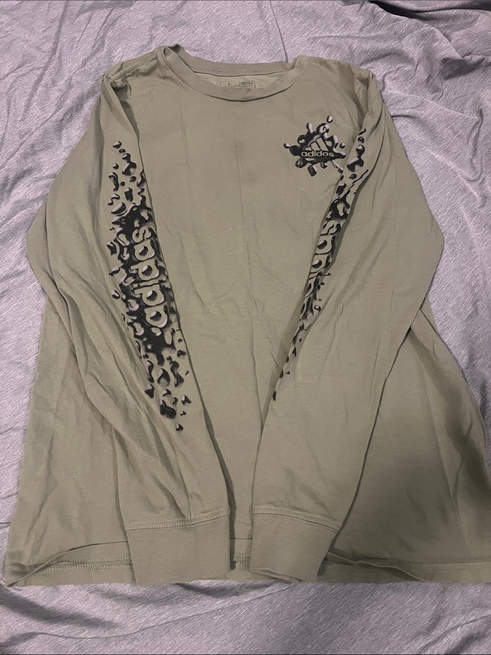 adidas Olive Green Long Sleeve Shirt with Black Sleeve Graphics